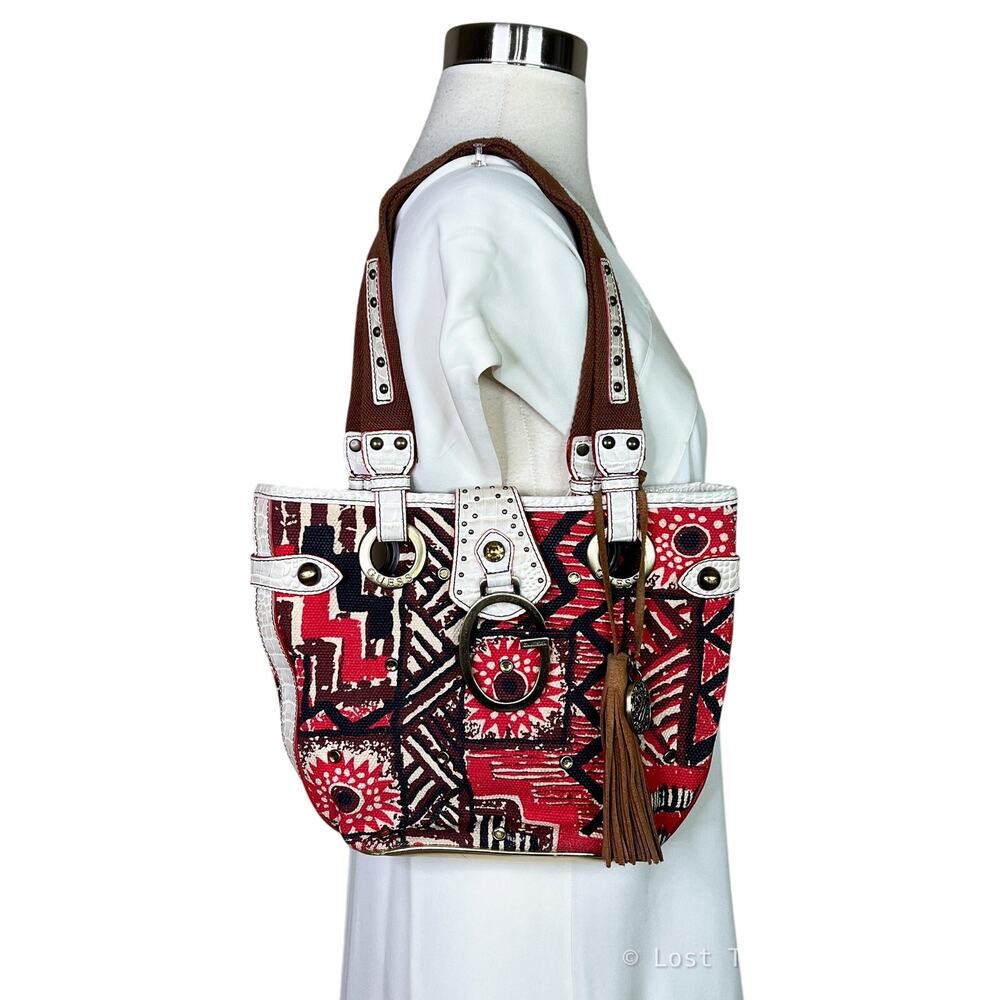 Guess | Y2K Tribal Print Mini Tote Bag Red Brown Boho Canvas Shoulder Purse